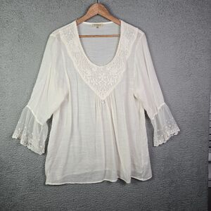 Oh Gussie Tunic Cream Embroidered Gauzy Long Sleeve 2X Boho